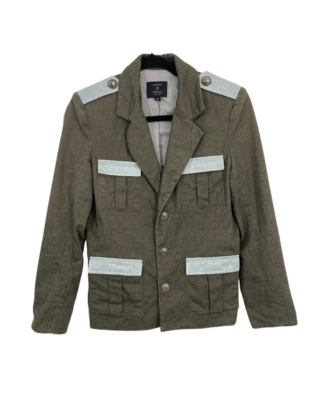 Laveer Barneys NY Military Blazer 4 Gray Silver Trim Structured Jacket